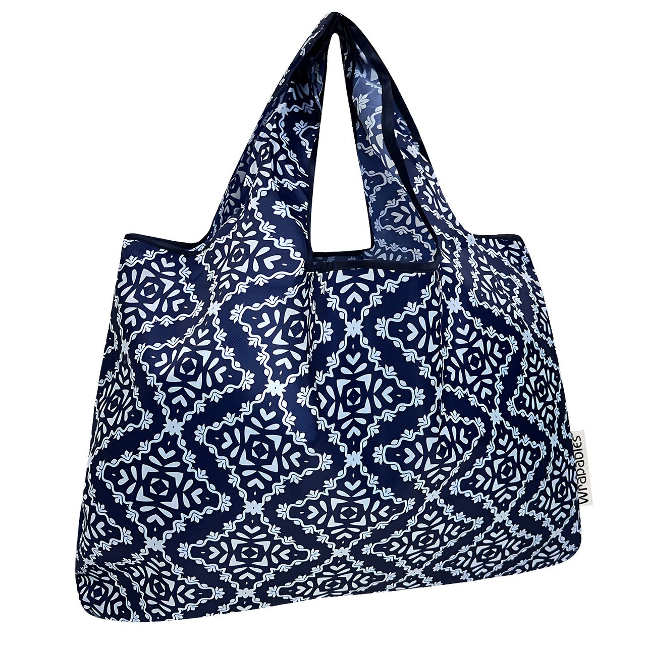Wrapables Large Foldable Tote Nylon Reusable Grocery Bags, Navy Deco